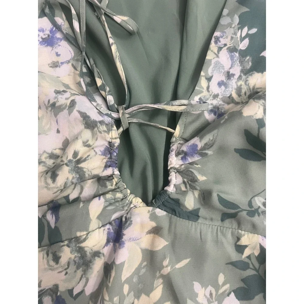 Abercrombie & Fitch Floral Tie Front Puff Sleeve Top Sage Green Small